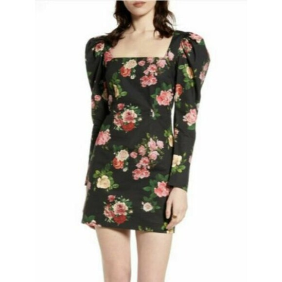 NA-KD Puff Shoulder Mini Dress Size 8 Floral Cotton Blend Black Multi EUC B58 - Picture 1 of 6